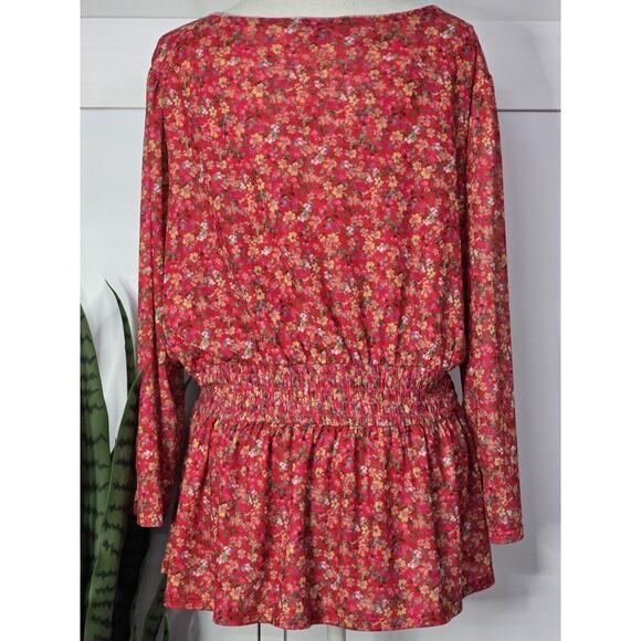 Lane Bryant Peplum Blouse Top Womens Plus 22/24 Pink Floral Smocked Waist Mesh - Picture 5 of 5